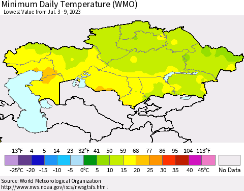 Kazakhstan Minimum Daily Temperature (WMO) Thematic Map For 7/3/2023 - 7/9/2023