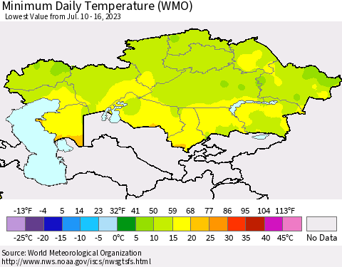 Kazakhstan Minimum Daily Temperature (WMO) Thematic Map For 7/10/2023 - 7/16/2023