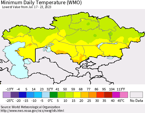 Kazakhstan Minimum Daily Temperature (WMO) Thematic Map For 7/17/2023 - 7/23/2023