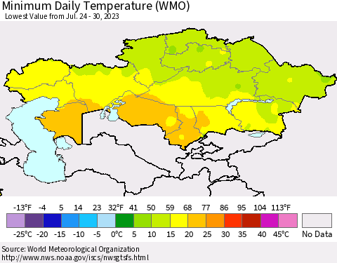 Kazakhstan Minimum Daily Temperature (WMO) Thematic Map For 7/24/2023 - 7/30/2023