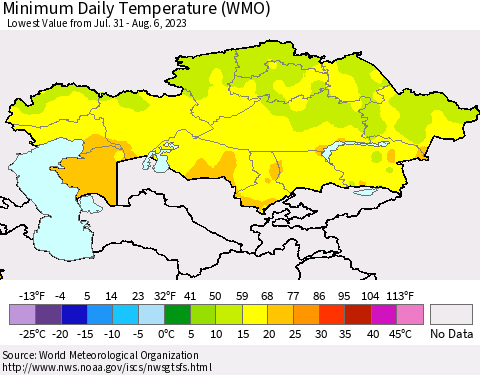 Kazakhstan Minimum Daily Temperature (WMO) Thematic Map For 7/31/2023 - 8/6/2023