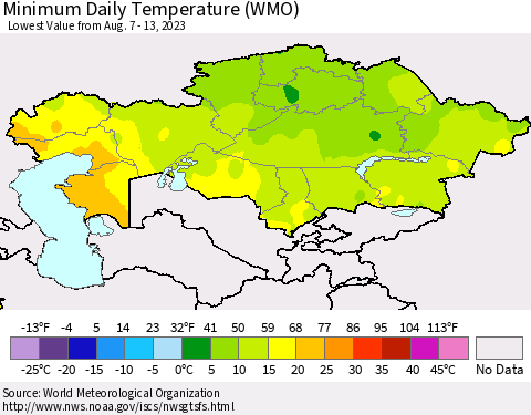 Kazakhstan Minimum Daily Temperature (WMO) Thematic Map For 8/7/2023 - 8/13/2023