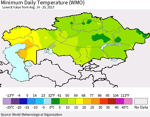 Kazakhstan Minimum Daily Temperature (WMO) Thematic Map For 8/14/2023 - 8/20/2023