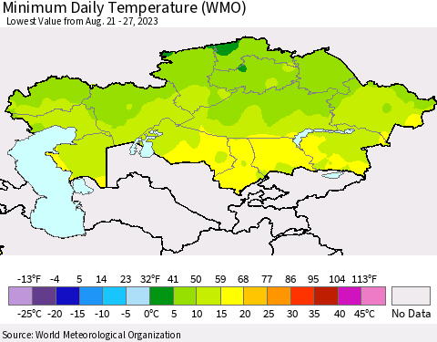 Kazakhstan Minimum Daily Temperature (WMO) Thematic Map For 8/21/2023 - 8/27/2023