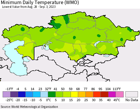 Kazakhstan Minimum Daily Temperature (WMO) Thematic Map For 8/28/2023 - 9/3/2023