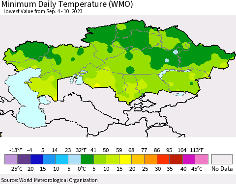 Kazakhstan Minimum Daily Temperature (WMO) Thematic Map For 9/4/2023 - 9/10/2023