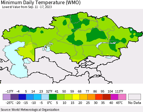 Kazakhstan Minimum Daily Temperature (WMO) Thematic Map For 9/11/2023 - 9/17/2023