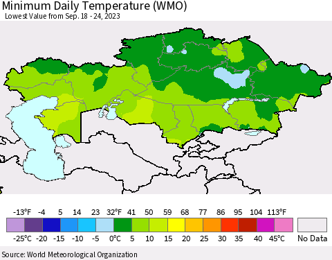 Kazakhstan Minimum Daily Temperature (WMO) Thematic Map For 9/18/2023 - 9/24/2023