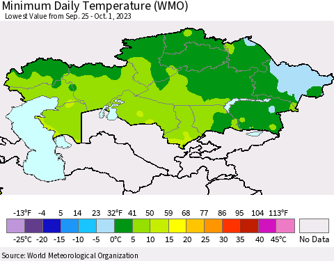 Kazakhstan Minimum Daily Temperature (WMO) Thematic Map For 9/25/2023 - 10/1/2023