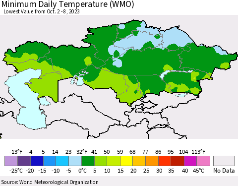 Kazakhstan Minimum Daily Temperature (WMO) Thematic Map For 10/2/2023 - 10/8/2023