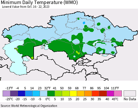 Kazakhstan Minimum Daily Temperature (WMO) Thematic Map For 10/16/2023 - 10/22/2023