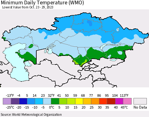 Kazakhstan Minimum Daily Temperature (WMO) Thematic Map For 10/23/2023 - 10/29/2023