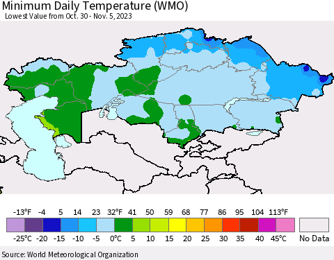 Kazakhstan Minimum Daily Temperature (WMO) Thematic Map For 10/30/2023 - 11/5/2023