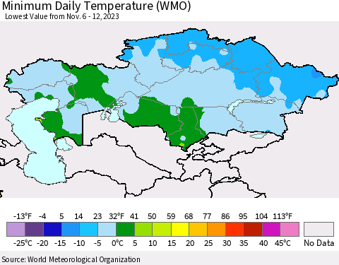 Kazakhstan Minimum Daily Temperature (WMO) Thematic Map For 11/6/2023 - 11/12/2023