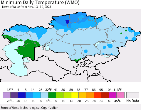 Kazakhstan Minimum Daily Temperature (WMO) Thematic Map For 11/13/2023 - 11/19/2023