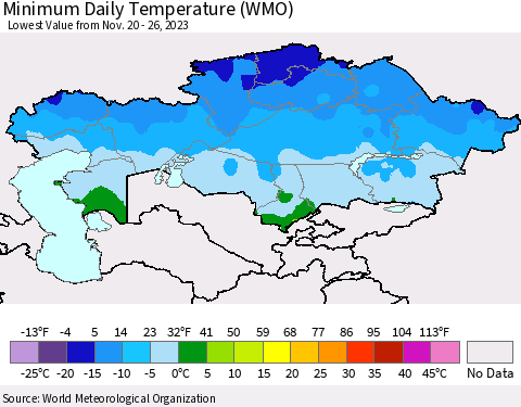 Kazakhstan Minimum Daily Temperature (WMO) Thematic Map For 11/20/2023 - 11/26/2023