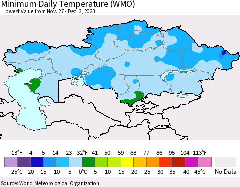 Kazakhstan Minimum Daily Temperature (WMO) Thematic Map For 11/27/2023 - 12/3/2023