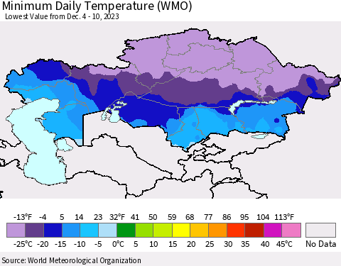 Kazakhstan Minimum Daily Temperature (WMO) Thematic Map For 12/4/2023 - 12/10/2023