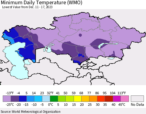 Kazakhstan Minimum Daily Temperature (WMO) Thematic Map For 12/11/2023 - 12/17/2023