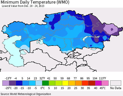 Kazakhstan Minimum Daily Temperature (WMO) Thematic Map For 12/18/2023 - 12/24/2023