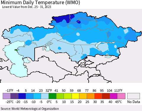 Kazakhstan Minimum Daily Temperature (WMO) Thematic Map For 12/25/2023 - 12/31/2023