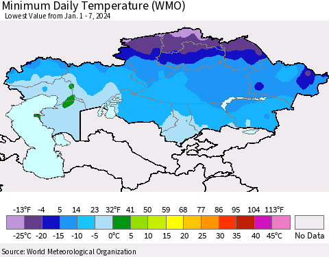 Kazakhstan Minimum Daily Temperature (WMO) Thematic Map For 1/1/2024 - 1/7/2024