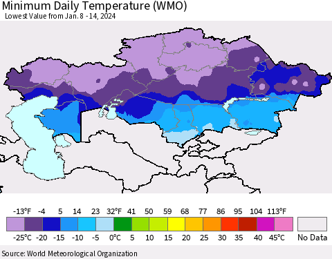 Kazakhstan Minimum Daily Temperature (WMO) Thematic Map For 1/8/2024 - 1/14/2024