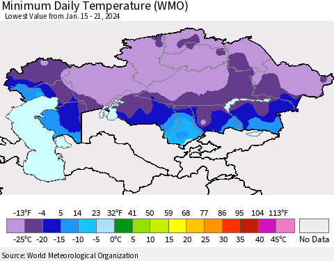 Kazakhstan Minimum Daily Temperature (WMO) Thematic Map For 1/15/2024 - 1/21/2024