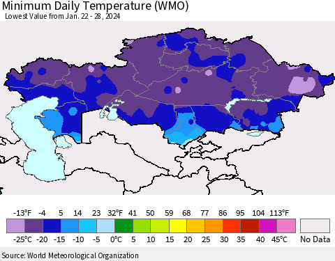 Kazakhstan Minimum Daily Temperature (WMO) Thematic Map For 1/22/2024 - 1/28/2024
