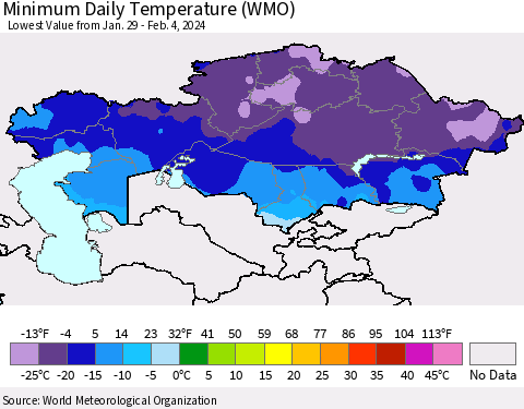 Kazakhstan Minimum Daily Temperature (WMO) Thematic Map For 1/29/2024 - 2/4/2024