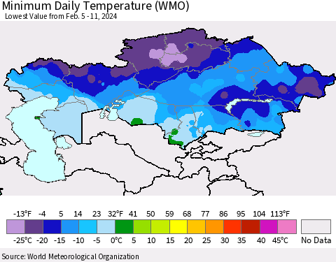 Kazakhstan Minimum Daily Temperature (WMO) Thematic Map For 2/5/2024 - 2/11/2024
