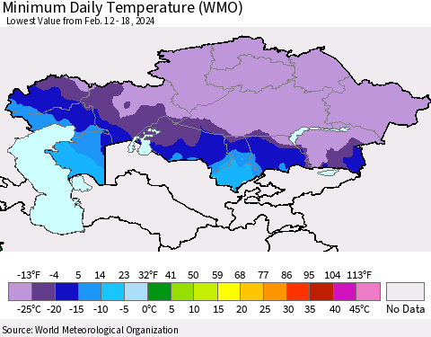 Kazakhstan Minimum Daily Temperature (WMO) Thematic Map For 2/12/2024 - 2/18/2024