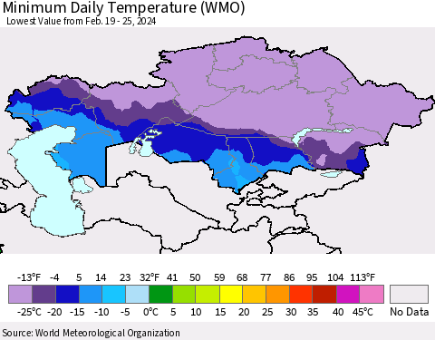 Kazakhstan Minimum Daily Temperature (WMO) Thematic Map For 2/19/2024 - 2/25/2024