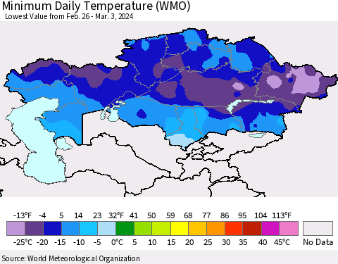 Kazakhstan Minimum Daily Temperature (WMO) Thematic Map For 2/26/2024 - 3/3/2024