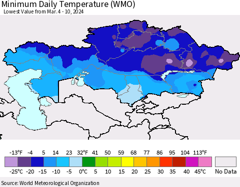 Kazakhstan Minimum Daily Temperature (WMO) Thematic Map For 3/4/2024 - 3/10/2024