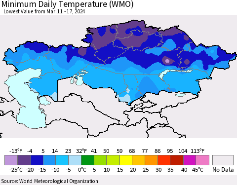 Kazakhstan Minimum Daily Temperature (WMO) Thematic Map For 3/11/2024 - 3/17/2024