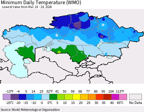 Kazakhstan Minimum Daily Temperature (WMO) Thematic Map For 3/18/2024 - 3/24/2024