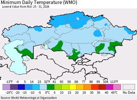 Kazakhstan Minimum Daily Temperature (WMO) Thematic Map For 3/25/2024 - 3/31/2024