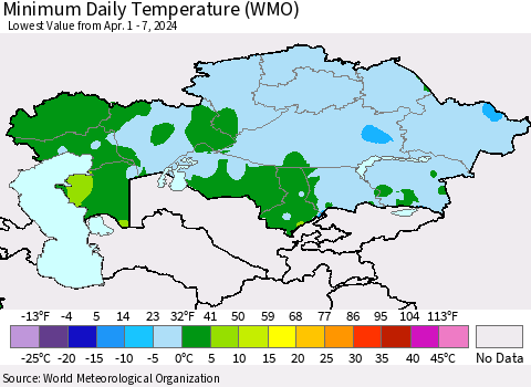Kazakhstan Minimum Daily Temperature (WMO) Thematic Map For 4/1/2024 - 4/7/2024
