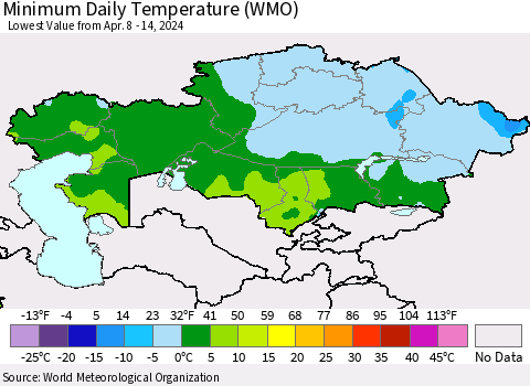 Kazakhstan Minimum Daily Temperature (WMO) Thematic Map For 4/8/2024 - 4/14/2024