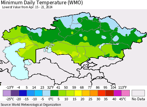 Kazakhstan Minimum Daily Temperature (WMO) Thematic Map For 4/15/2024 - 4/21/2024