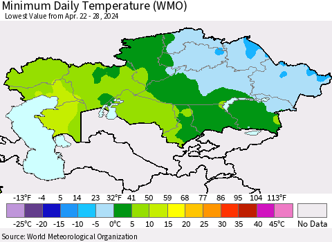 Kazakhstan Minimum Daily Temperature (WMO) Thematic Map For 4/22/2024 - 4/28/2024