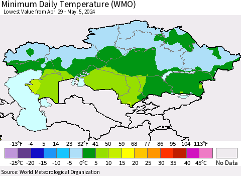 Kazakhstan Minimum Daily Temperature (WMO) Thematic Map For 4/29/2024 - 5/5/2024