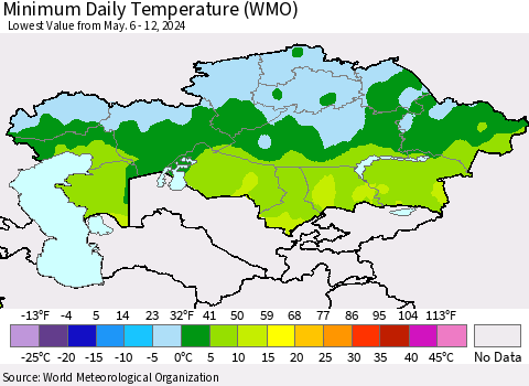 Kazakhstan Minimum Daily Temperature (WMO) Thematic Map For 5/6/2024 - 5/12/2024