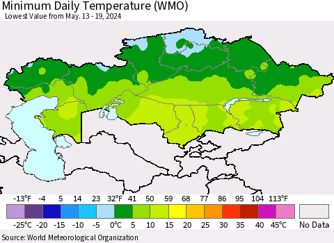 Kazakhstan Minimum Daily Temperature (WMO) Thematic Map For 5/13/2024 - 5/19/2024