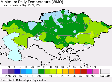Kazakhstan Minimum Daily Temperature (WMO) Thematic Map For 5/20/2024 - 5/26/2024