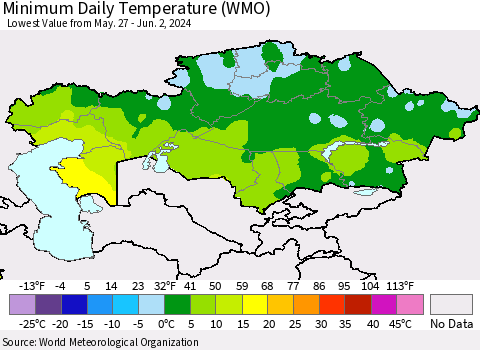 Kazakhstan Minimum Daily Temperature (WMO) Thematic Map For 5/27/2024 - 6/2/2024
