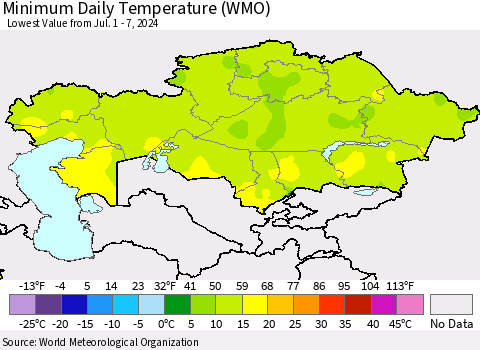 Kazakhstan Minimum Daily Temperature (WMO) Thematic Map For 7/1/2024 - 7/7/2024