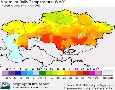 Kazakhstan Maximum Daily Temperature (WMO) Thematic Map For 4/4/2022 - 4/10/2022