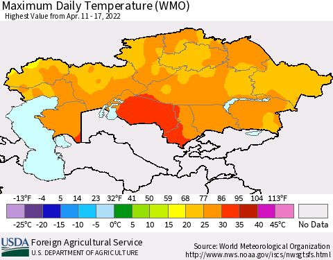 Kazakhstan Maximum Daily Temperature (WMO) Thematic Map For 4/11/2022 - 4/17/2022